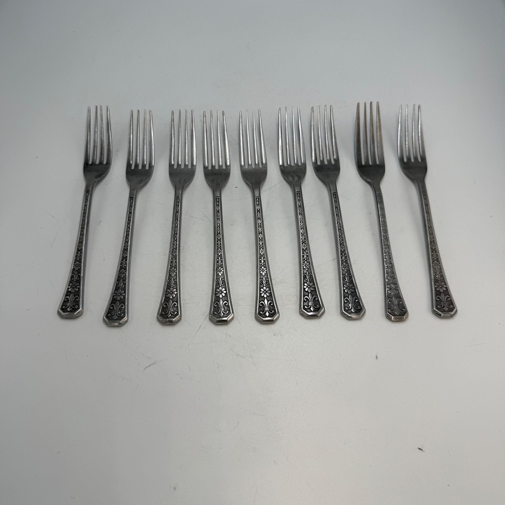 9 Interpur INR2 Stainless Steel Dinner Forks Japan Florenz Fleur De Lis Pattern